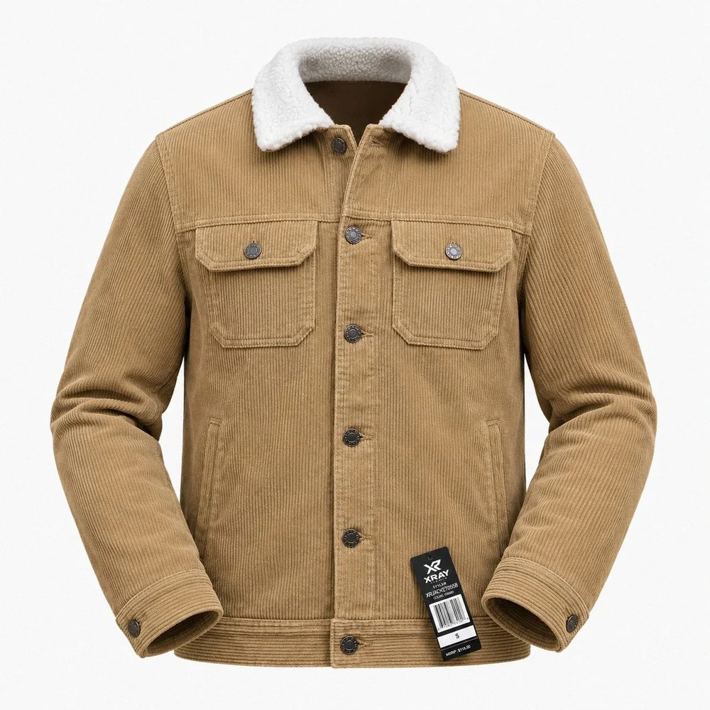 XRAY Jeans Corduroy Trucker Jacket Mens Small Khaki Sherpa Collar XRJK5100558